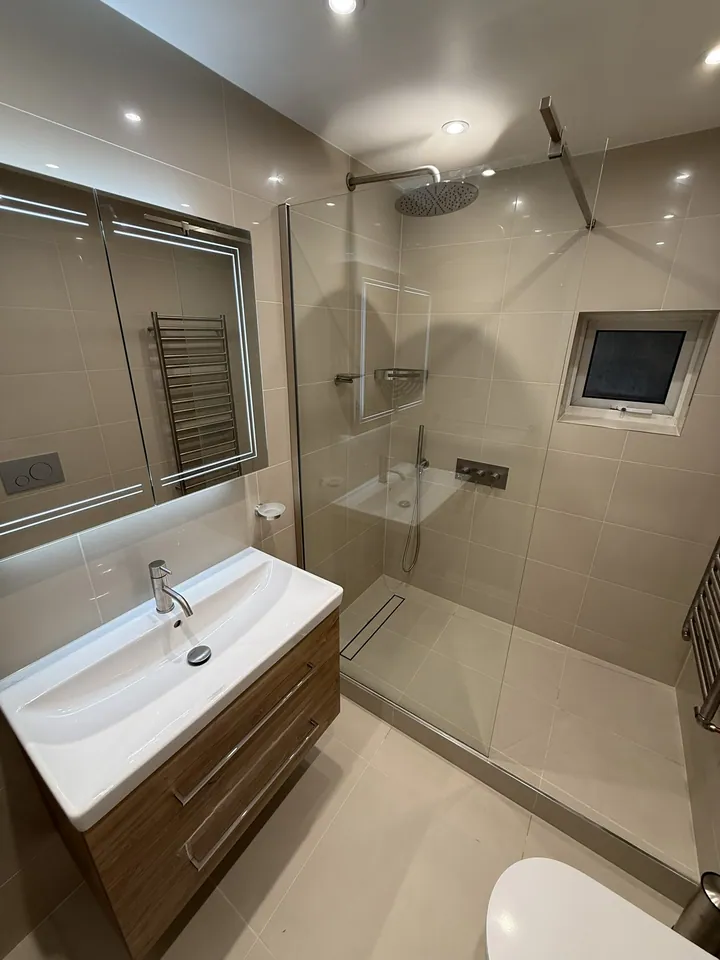 Light-toned bathroom and walk-in shower