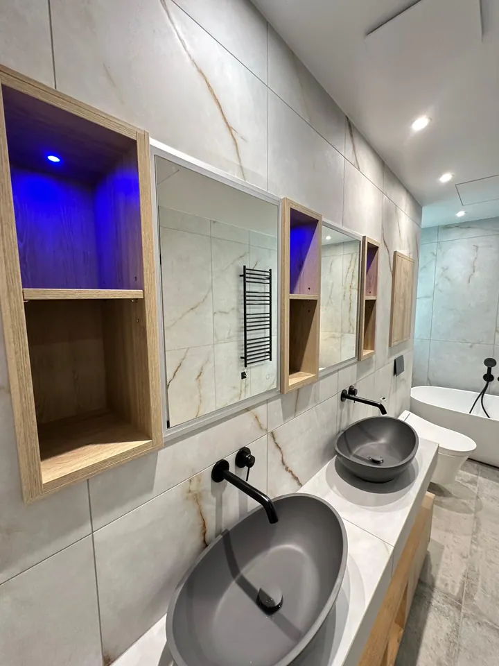 Floating vanity and illuminated mirror